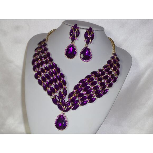 Purple rhinestone necklace set, prom party evening wedding bridal MOB necklace, - Picture 3 of 6